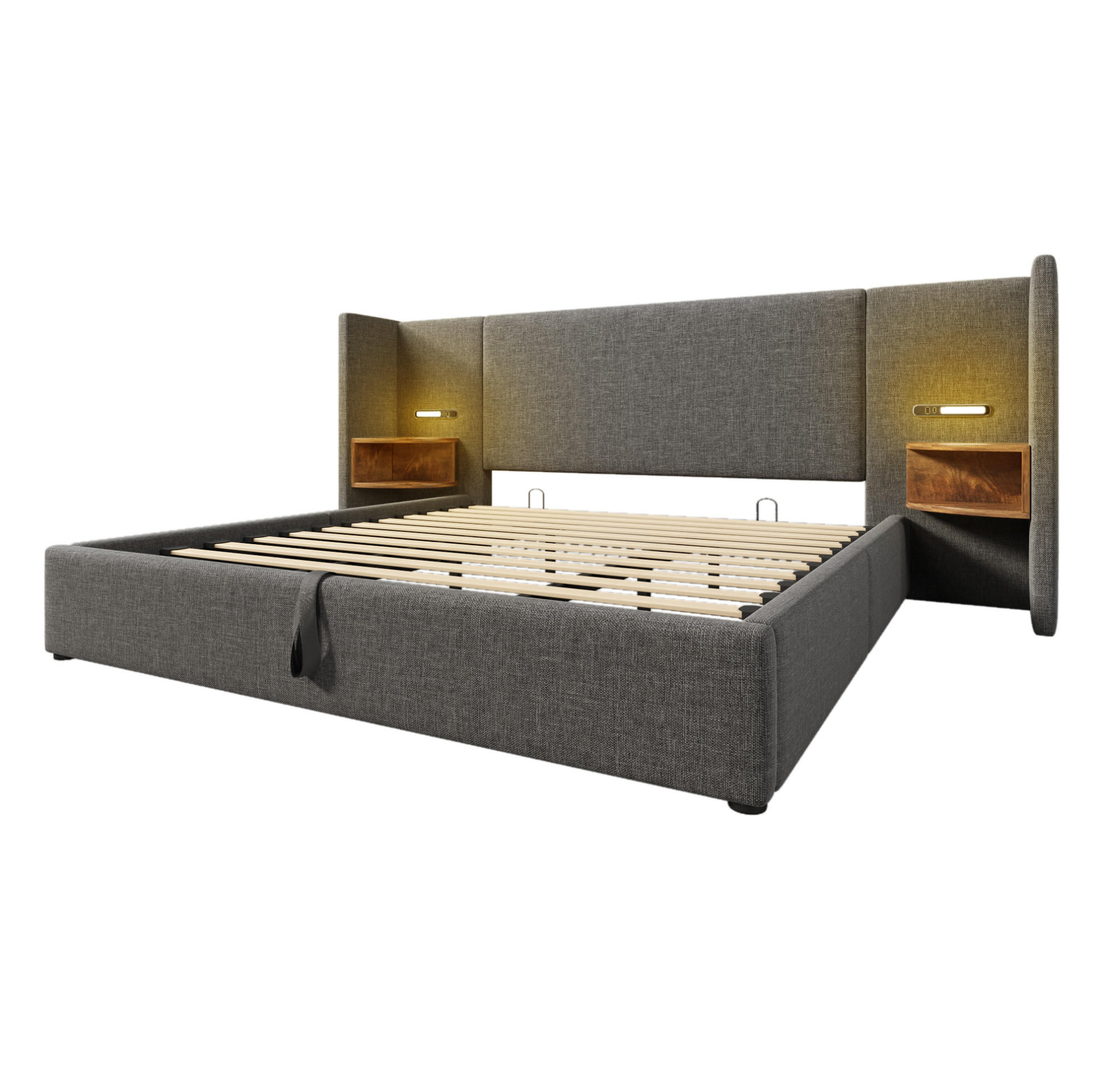 Modfu ČALOUNĚNÁ postel z lnu 180x200 cm šedá s USB, Type-C, lampičkou a hydraulickým úložným prostorem