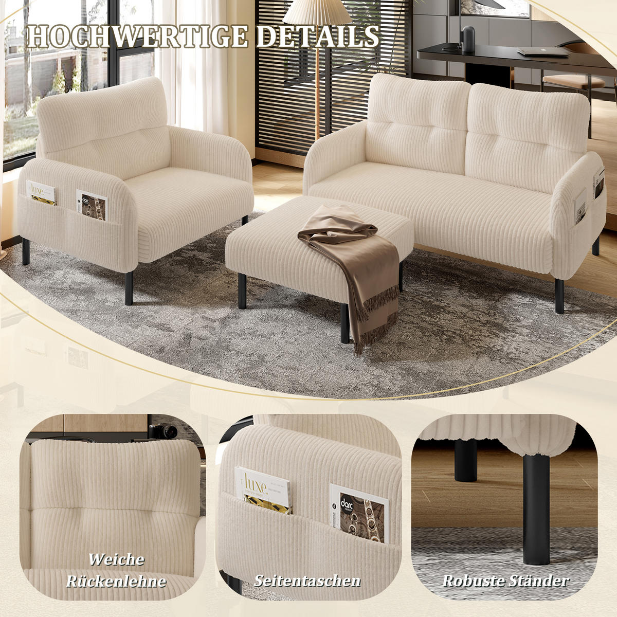 SOFA Set, 2-Sitzer+Sessel+Hocker, Cord, Beige - Beige/Schwarz, Textil/Metall (120/79/75cm) - LVHOM
