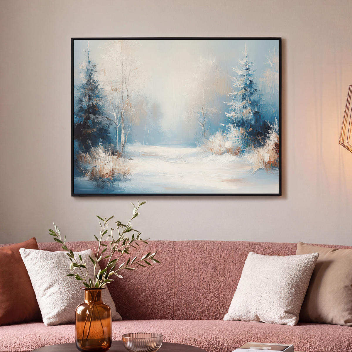LEINWAND Bilder mit Rahmen - Wald – Winter – Natur – Abstrakt – Schnee - 100x70 - Weiß, Textil (100/70cm) - MuchoWow