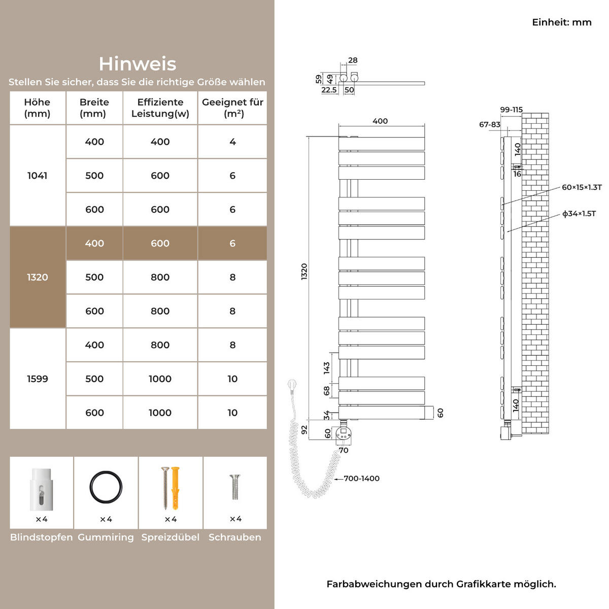 HANDTUCHHEIZKÖRPER 132/40 cm weiß elektrisch 600 W mit WLAN-Thermostat - Weiß, Metall (40/132/5.9cm) - S'AFIELINA