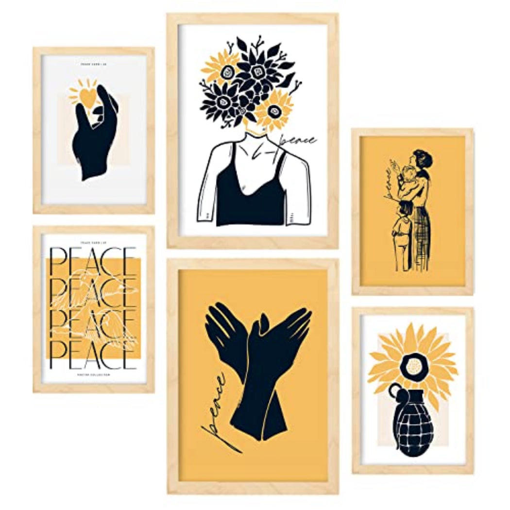 POSTER Set Mit 6 In Schwarzer Tinte Liebe Machen, Nicht Krieg Kunstdrucke Von Meer Und Ozean Für Innenarchitektur A3 & A4 Rahmen Aus Hellem Holz - Beige, Papier (29/3cm) - Nacnic