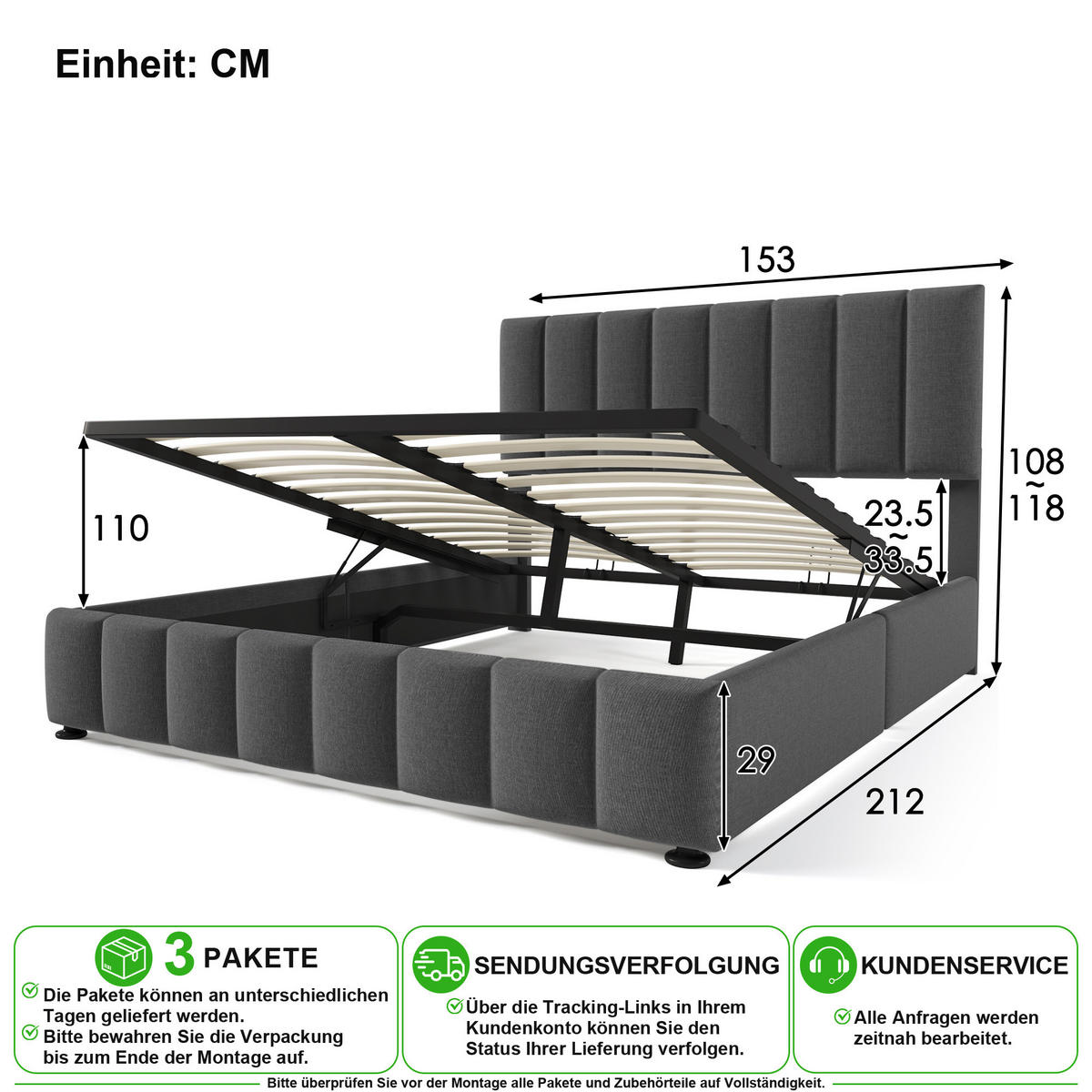 POLSTERBETT 140/200 cm in Grau mit Stauraum, verstellbarem Kopfteil und Matratze aus Leinen - Grau, Holzwerkstoff/Textil (140/200cm) - CHICFURN