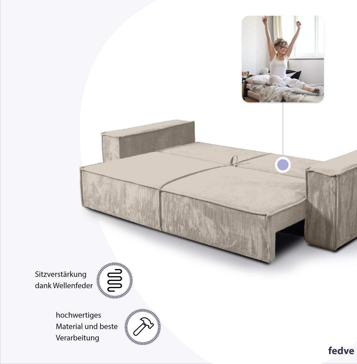 SCHLAFSOFA Sekwana Beige (Poso 2) - Beige, Textil (255/85/105cm) - Fedve