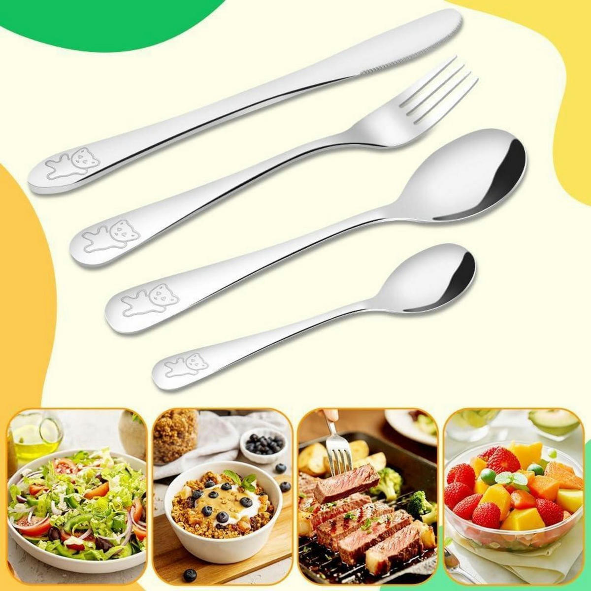 KINDERBESTECK 4-teiliges Set Edelstahl mit Bärenmotiv, graviert - Silberfarben, Metall