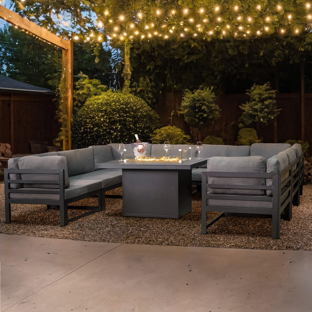 MODULARES GARTENLOUNGE-SET mit integrierter Feuerstelle - Grau, Metall - Monstershop