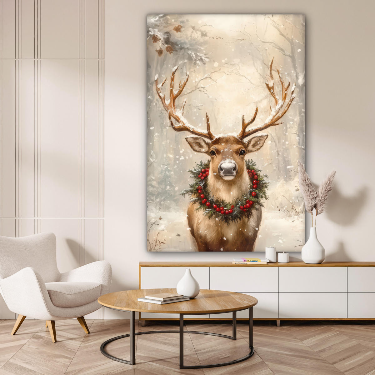 OBRAZ NA PLÁTNĚ Vánoce - sobi - zima - věnec 90x140 cm - přírodní, textil (90/140cm) - MuchoWow
