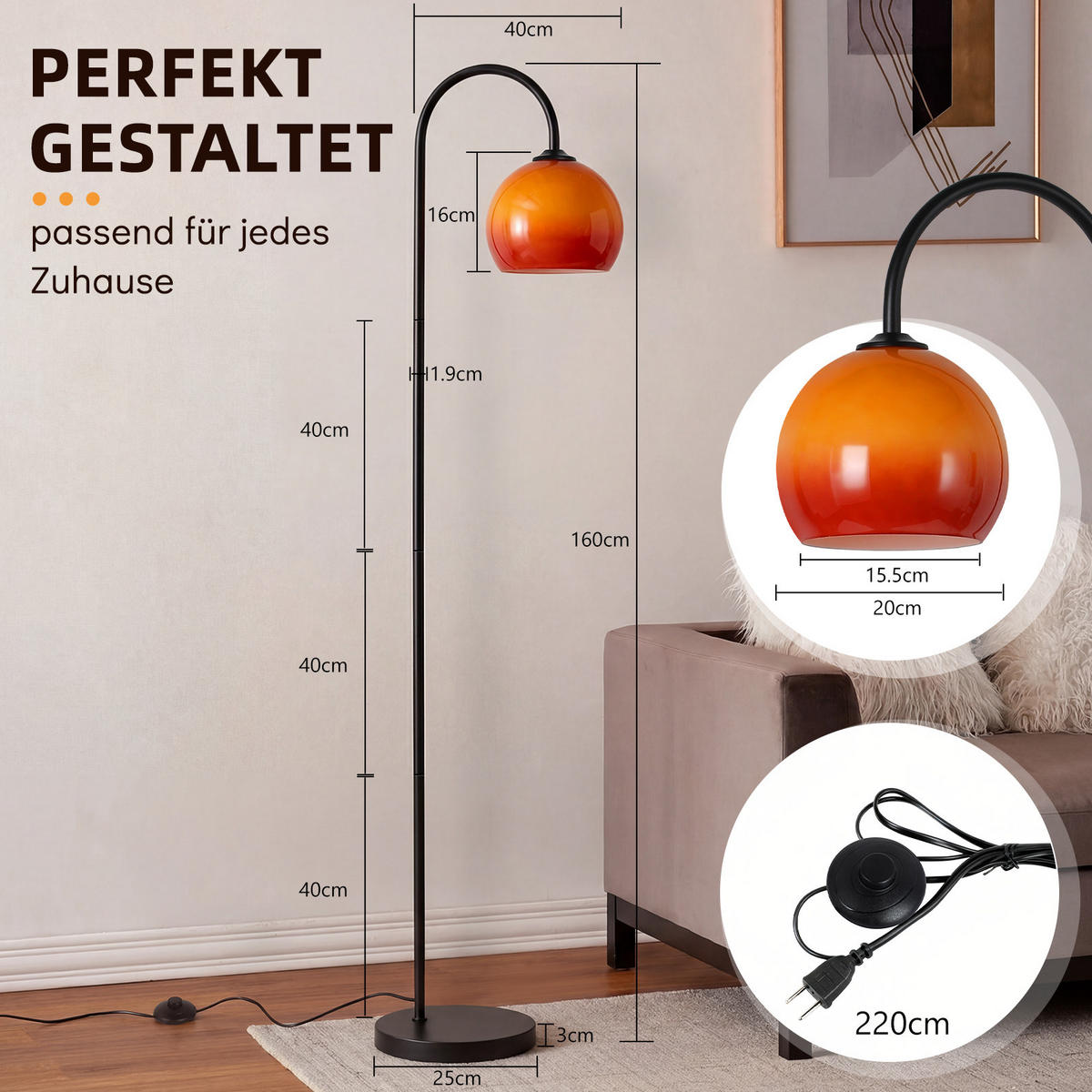 STEHLAMPE Quorlis 36/25/160 cm - Schwarz/Orange, Glas/Metall (36/25/160cm) - ZMH