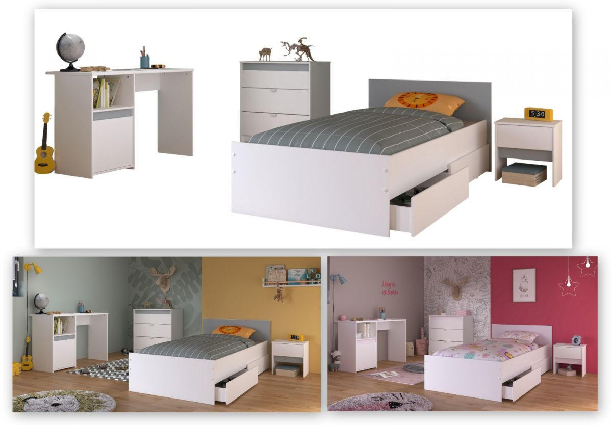 KINDERZIMMER weiß, grau oder rosa, Komplett-Set 4-teilig mit Stauraumbett 90x200 cm - Weiß, Holzwerkstoff (110/80/203cm) - Parisot Meuble