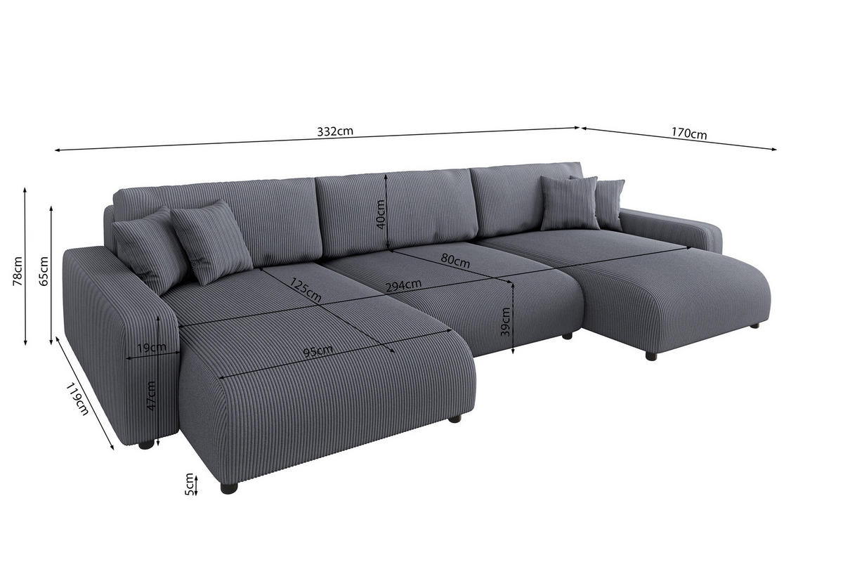 WOHNLANDSCHAFT Emma Grau Cord - Schwarz/Grau, Holz/Kunststoff (332/170cm) - S-Style Möbel