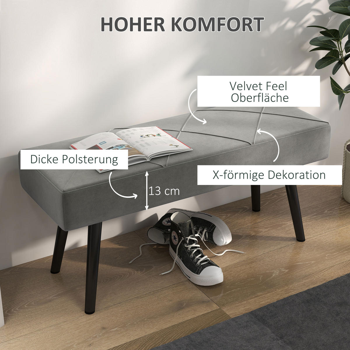 BETTBANK mit X-Muster, in Samtoptik, bis 120 kg Belastbar, Grau - Grau, Kunststoff (36/45/100cm) - HOMCOM