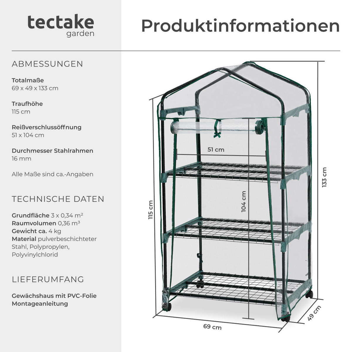 FOLIENGEWÄCHSHAUS, 69 x 49 x 133 cm,transparent - Transparent, Kunststoff (49/133/69cm) - tectake