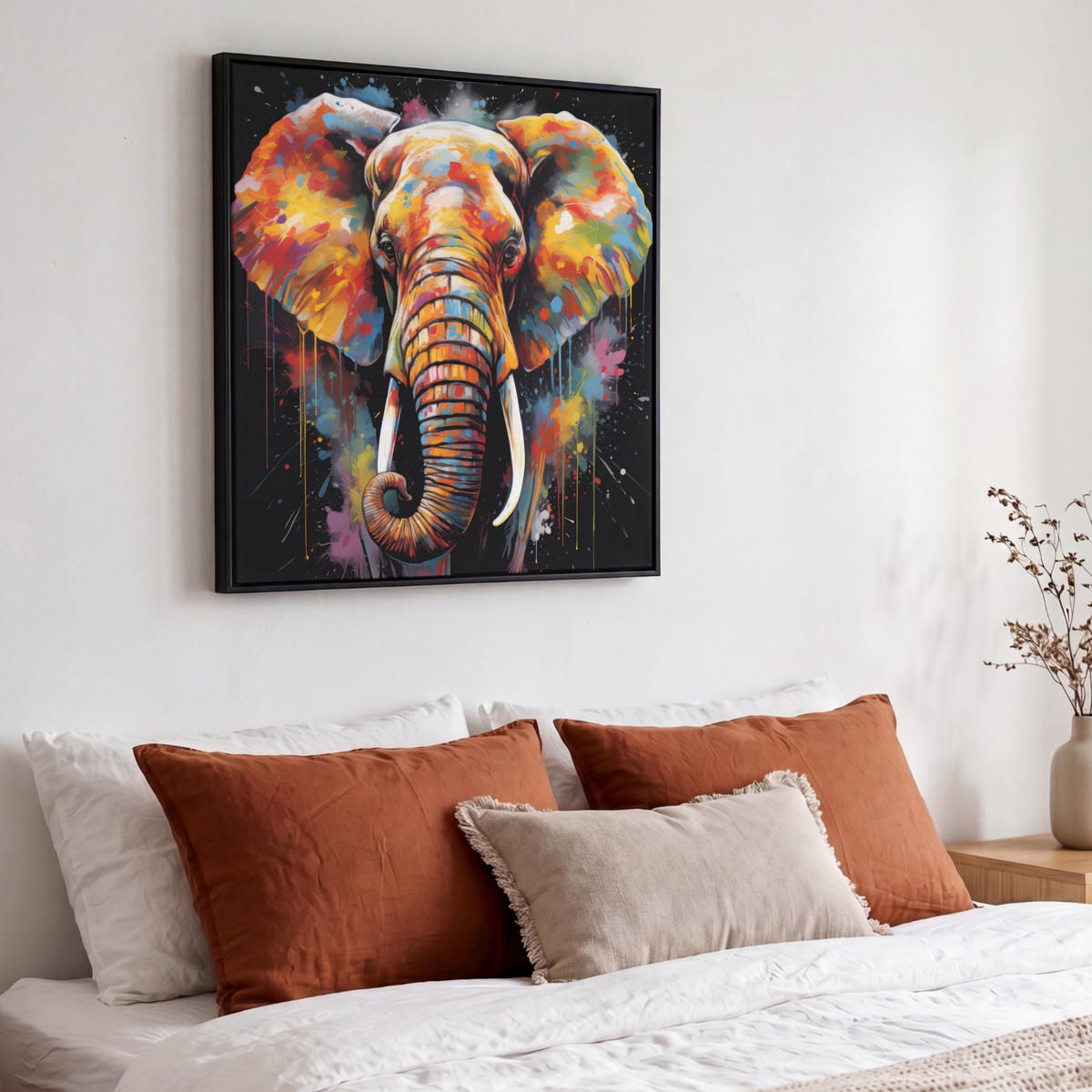 LEINWAND Bilder mit Rahmen - Elefant - Graffiti - Schwarz - Tiere - Farben - 50x50 - Schwarz, Textil (50/50cm) - MuchoWow