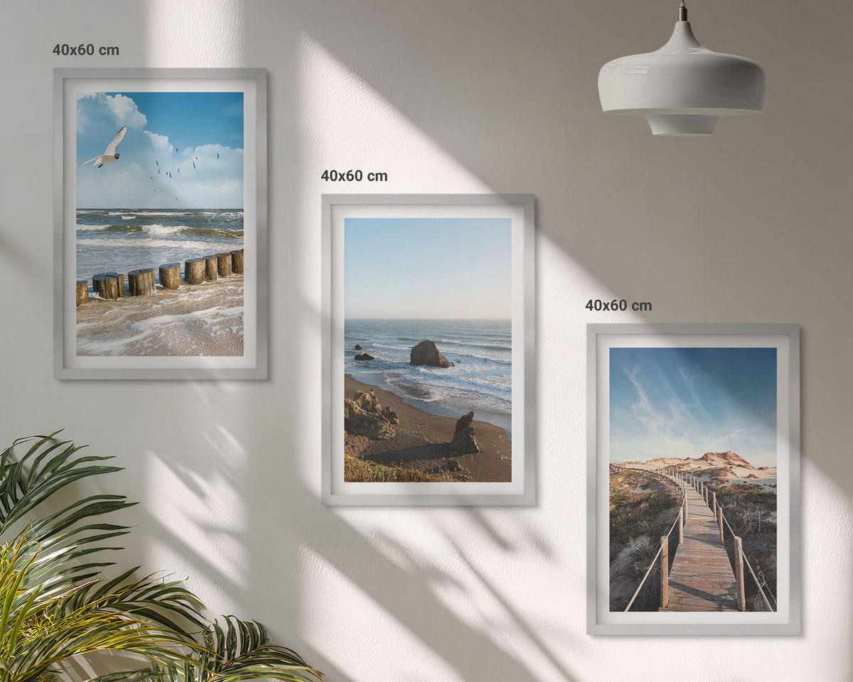 WANDBILDER 3er Set - 40x60 cm Silberner Rahmen - Strandwellen, Himmelsbrücke, Spaziergang - Silberfarben, Kunststoff (40/60cm) - ArtPrintCave