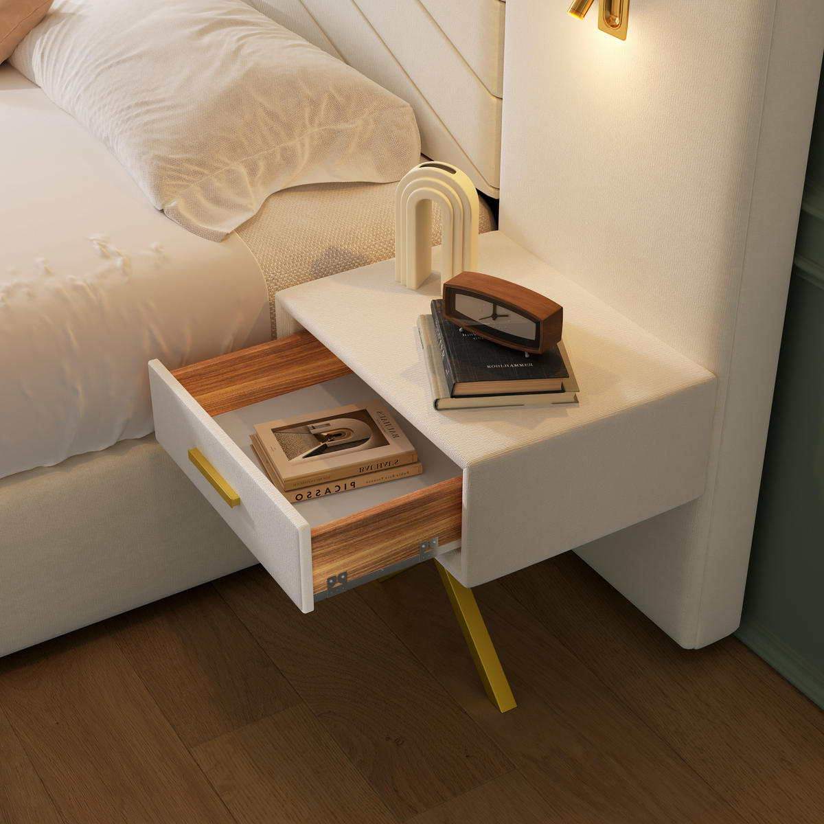 BETT mit Bettkasten 160x200 cm Samt Beige White - Beige, Holz (160/200cm) - Meubliv