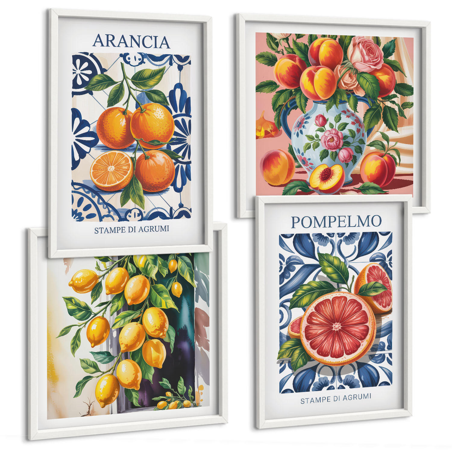 BILDER SET 4er Set - 50x50 cm & 40x60 cm Weißer Rahmen - Italienische Zitrus-Modeplakate - Weiß, Kunststoff (50/50cm) - TULUP