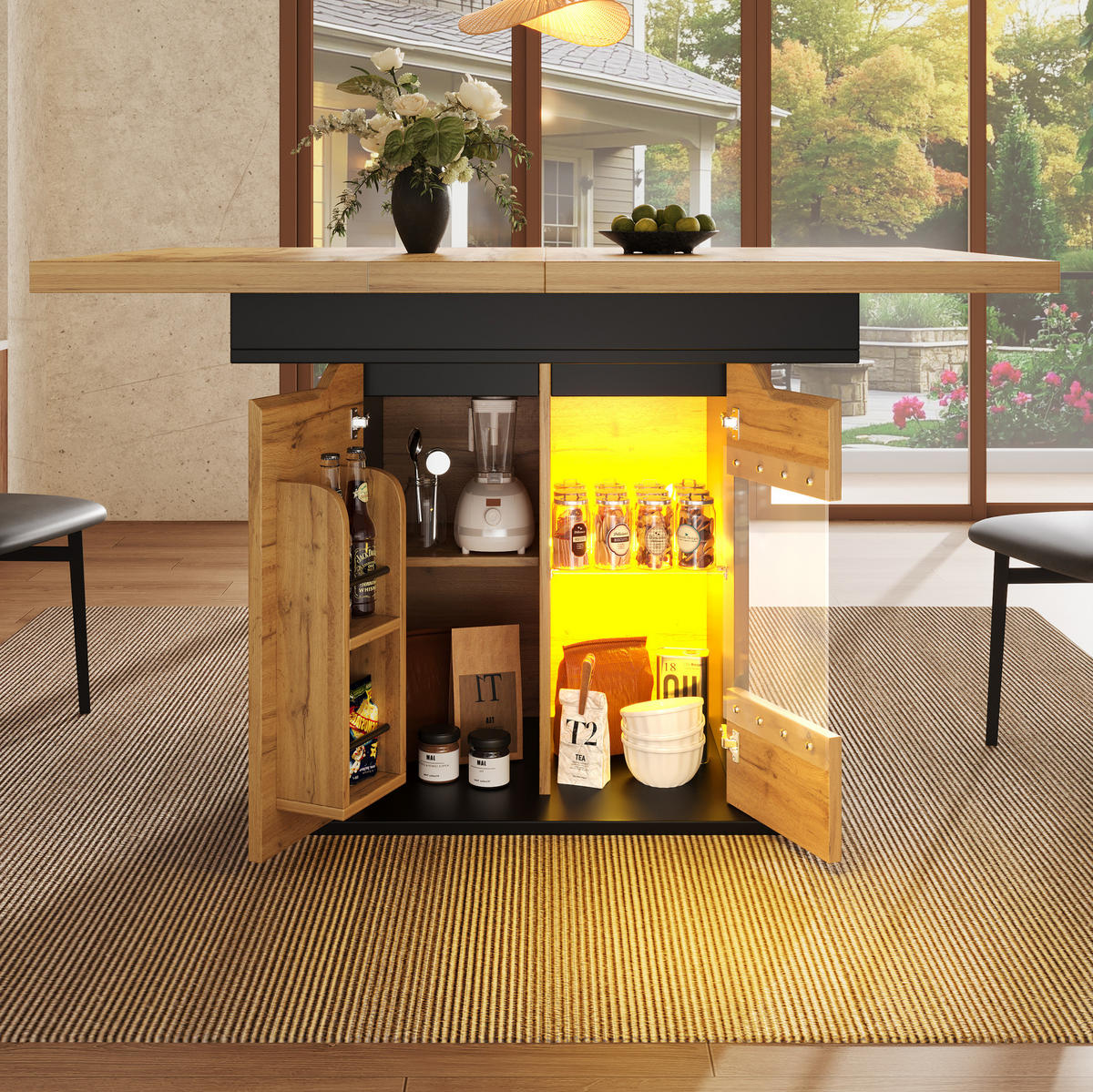 AUSZIEHTISCH 110-140/80/76 cm in Schwarz/Natur mit Stauraum & LED - Naturfarben, Holzwerkstoff (80/140/76cm) - BEAOK