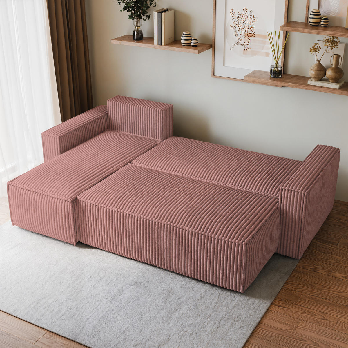 ECKSOFA RAVELO T Rosa Kordstoff mit Schlaffunktion - Rosa, Holz (240/140cm) - MASSENO