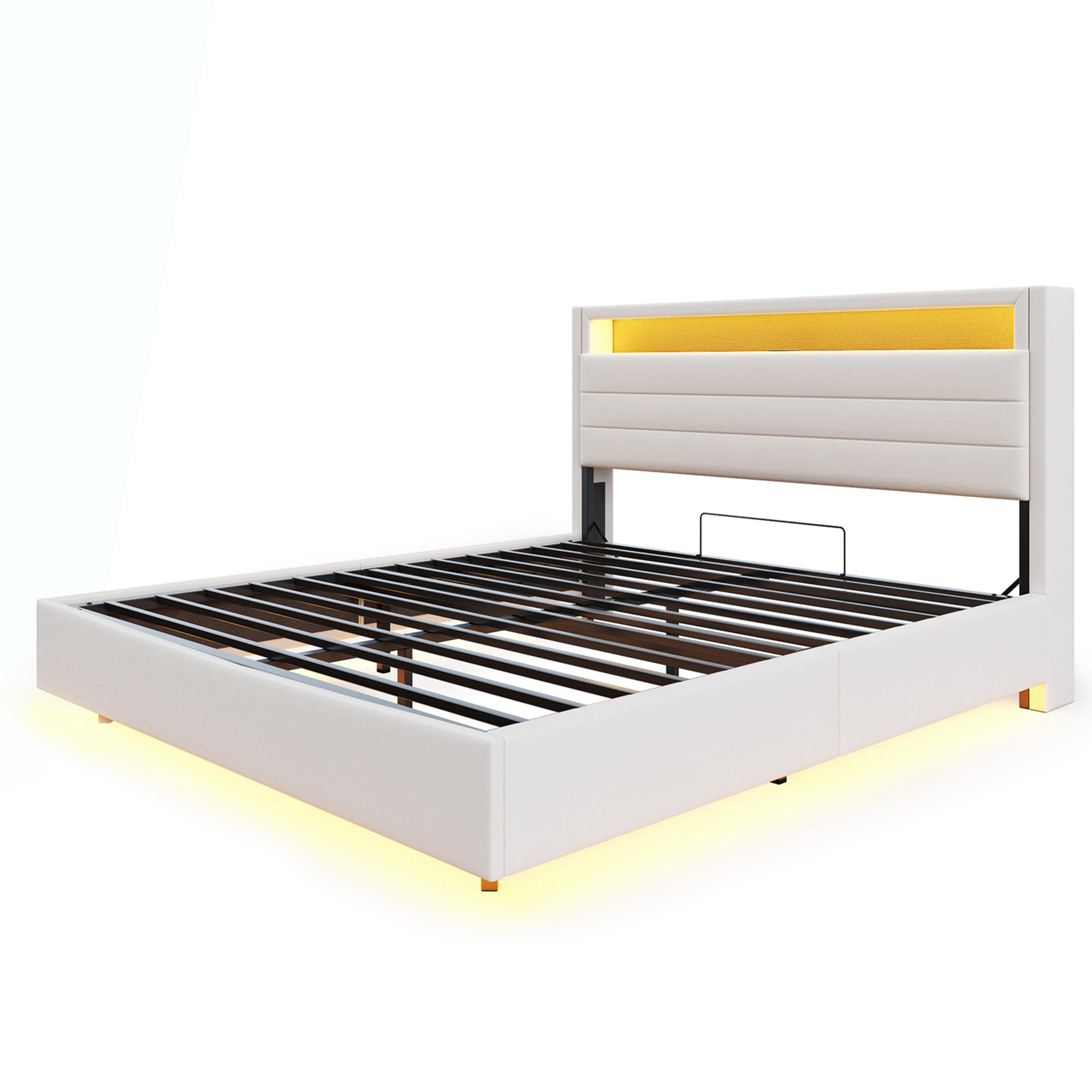 STAURRAUMBETT 140/200 cm DE-01957, in Beige, mit Schwebedesign, LED, USB und Wendekopfteil - Beige, Metall (140/200cm) - ComfortXL