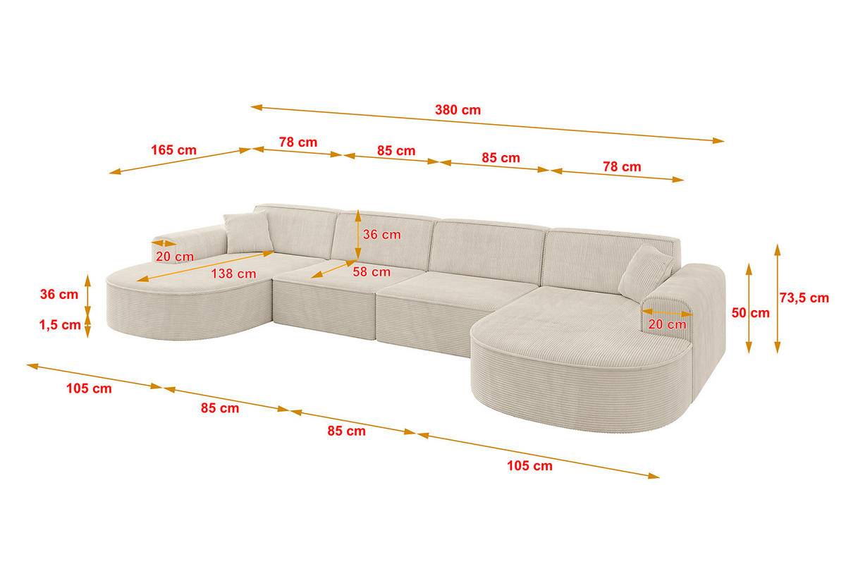 WOHNLANDSCHAFT MARI-U2 - 380x163x73,5 cm Beige Cord - Beige/Schwarz, Holzwerkstoff/Kunststoff (380/73.5/163cm) - ALTDECOR