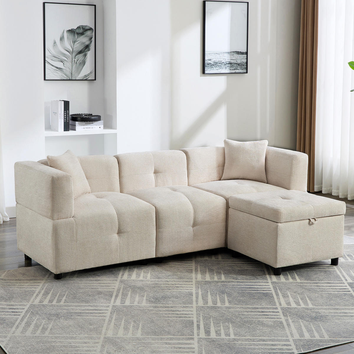 ECKSOFA 3-Sitzer L-Form Stauraum Fußhocker Kissen - Beige, Holz (59.69/59.69cm) - FLIEKS
