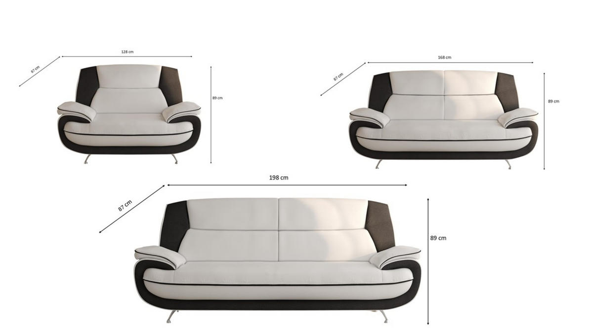 SOFAGARNITUR 3+2+1, Stoff Kronos, Weiß + Schwarz, Palermo - Weiß, Holz (198/89/87cm) - Kaiser Möbel