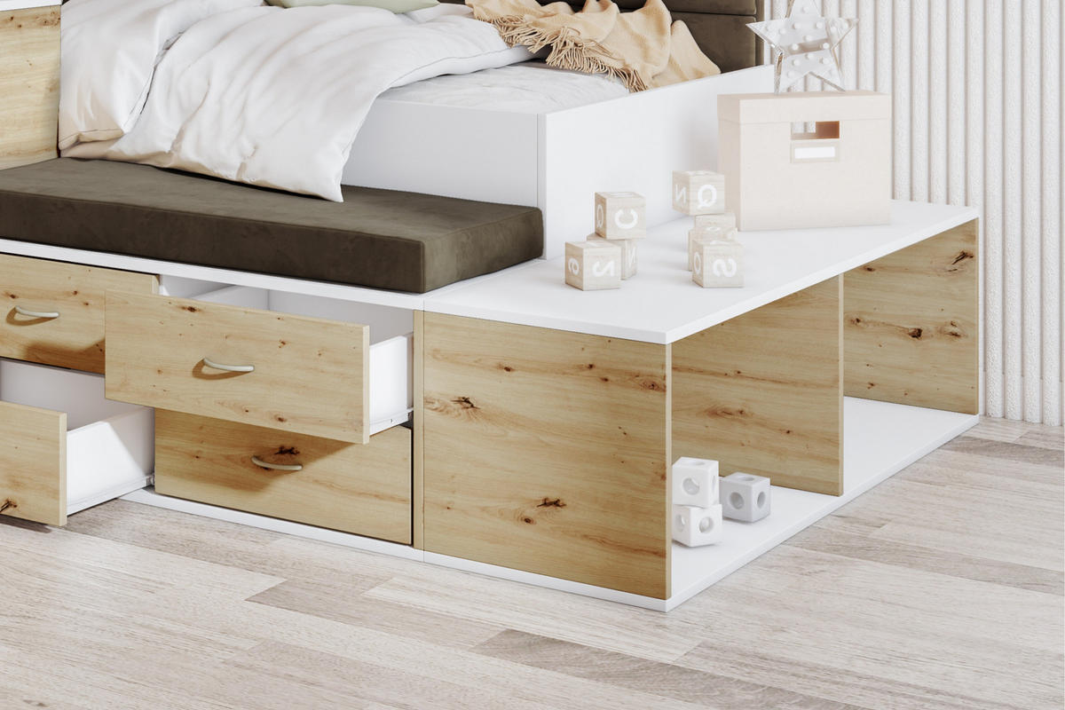 JUGENDBETT AMI 90/200 cm in Weiß/Eiche Artisan - Eichefarben/Weiß, Holzwerkstoff/Textil (90/200cm) - Deine Möbel 24