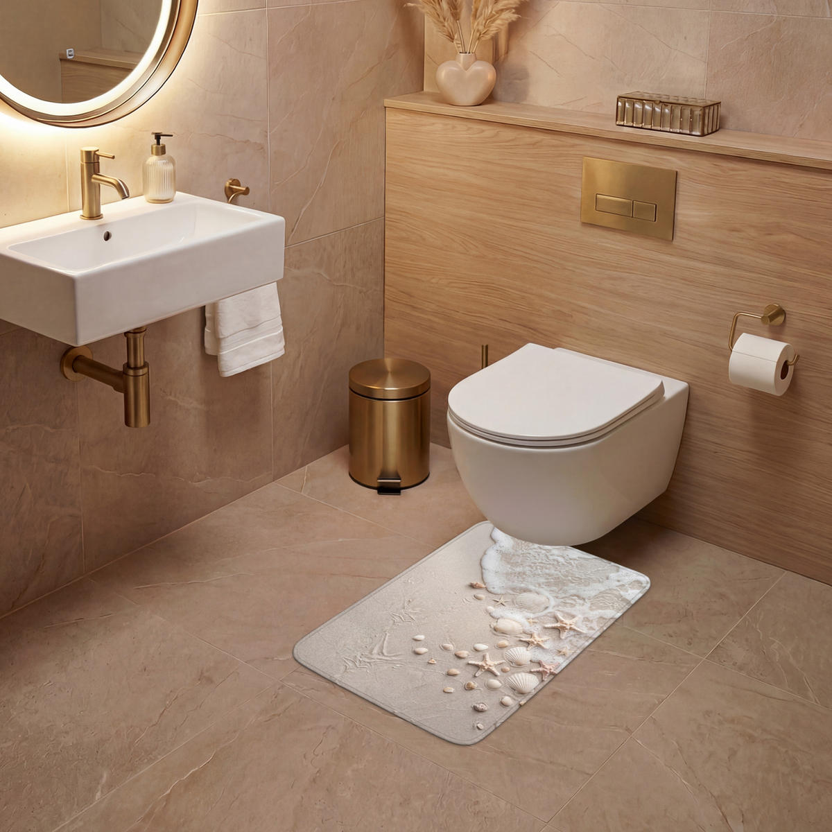 WC-VORLEGER Muscheln - Seesterne - Strand WC Teppich 40x60 cm - Sandfarben, Kunststoff/Textil (40/1cm) - OnlyWow
