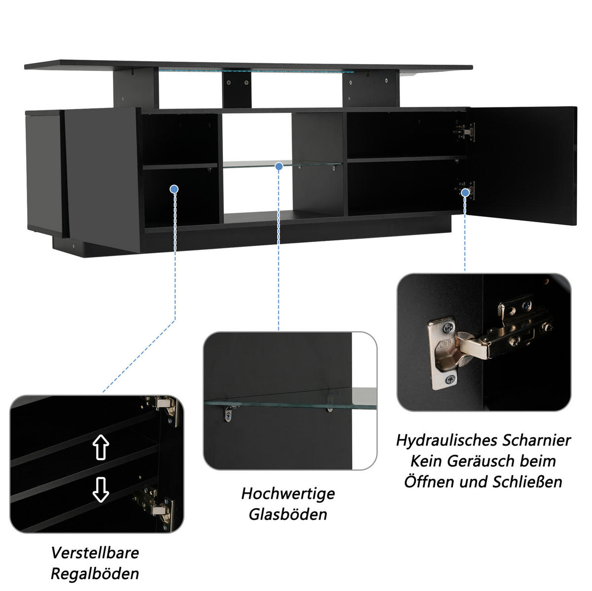 LOWBOARD 140/35/55 cm in Schwarz mit LED-Beleuchtung und Hochglanzfront - Schwarz, Holzwerkstoff (140/55/35cm) - Flora Grace