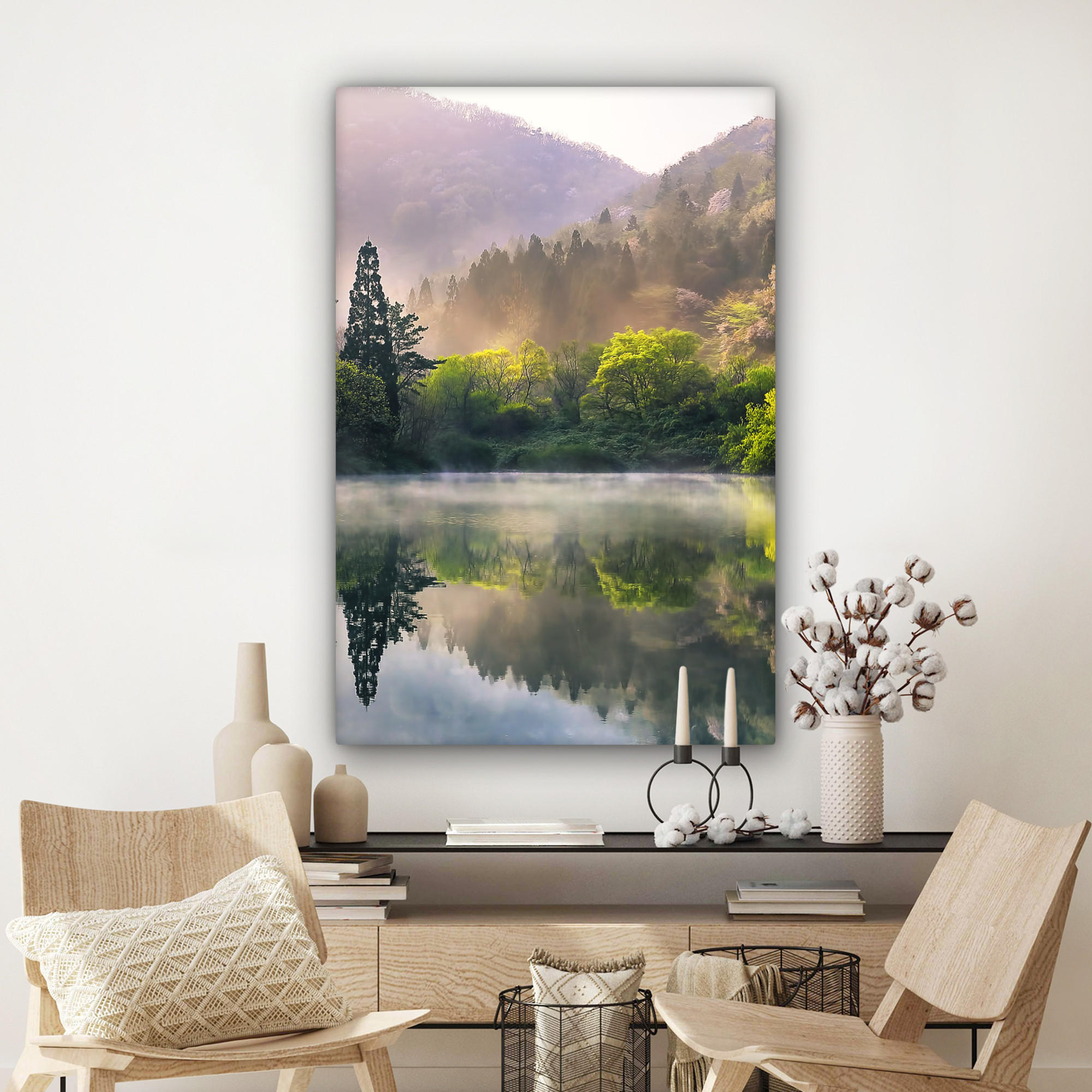 LEINWANDBILD Natur - Bäume - Berge - See - Wasser 90x140 cm - Hellgrün, Textil (90/140cm) - MuchoWow