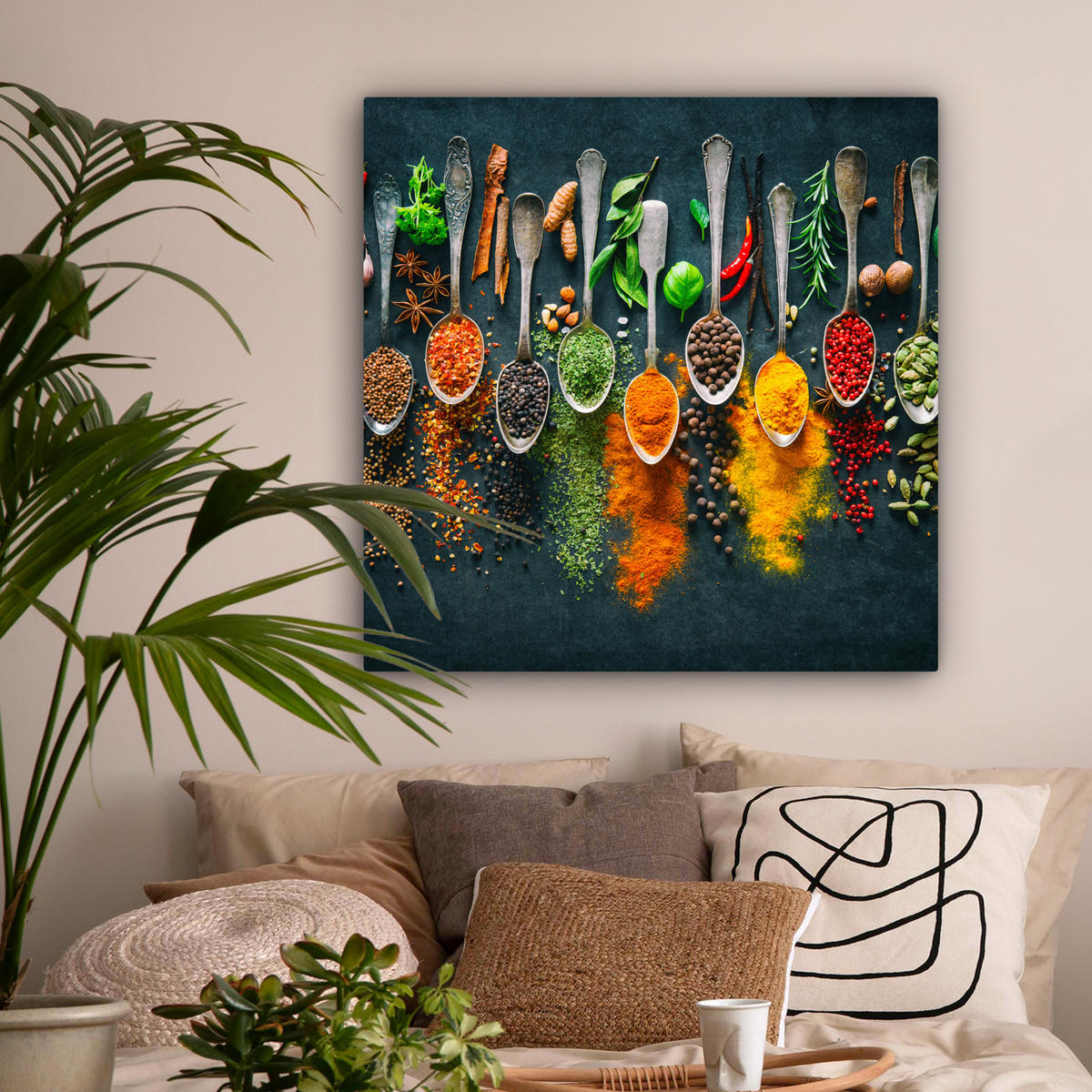 LEINWANDBILD Kräuter - Gewürze - Löffel Deko Groß 90x90 cm - Currygelb, Textil (90/90cm) - MuchoWow