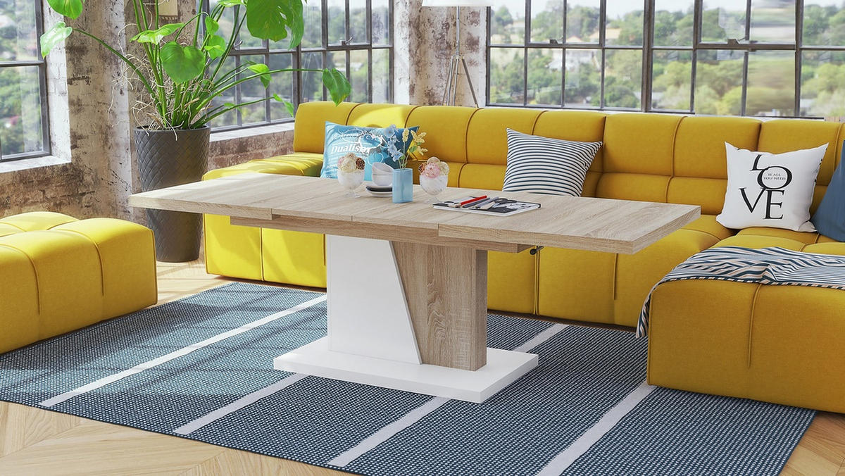 COUCHTISCH rechteckig Sonoma Eiche - Weiß ausziehbar höhenverstellbar - Weiß/Sonoma Eiche, Holzwerkstoff (70/120/60cm) - designimpex