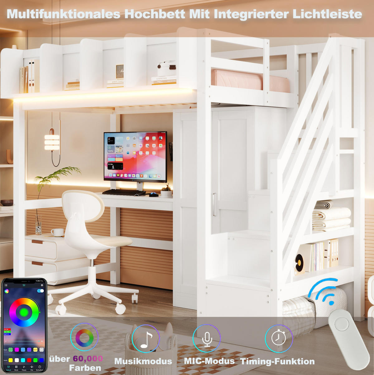 HOCHBETT 90x200 cm in Weiß mit Schreibtisch, Kleiderschrank, LED und Stauraumtreppe - Weiß, Holz (90/200cm) - IVMEU