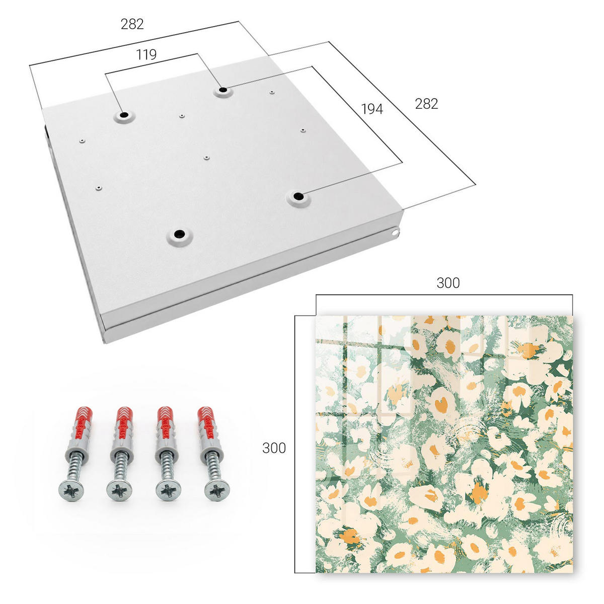 SCHLÜSSELBOX Weiß 30x30 cm – Türöffnung nach rechts - Blumenmuster - Grün, Metall (30/30/5cm) - TULUP