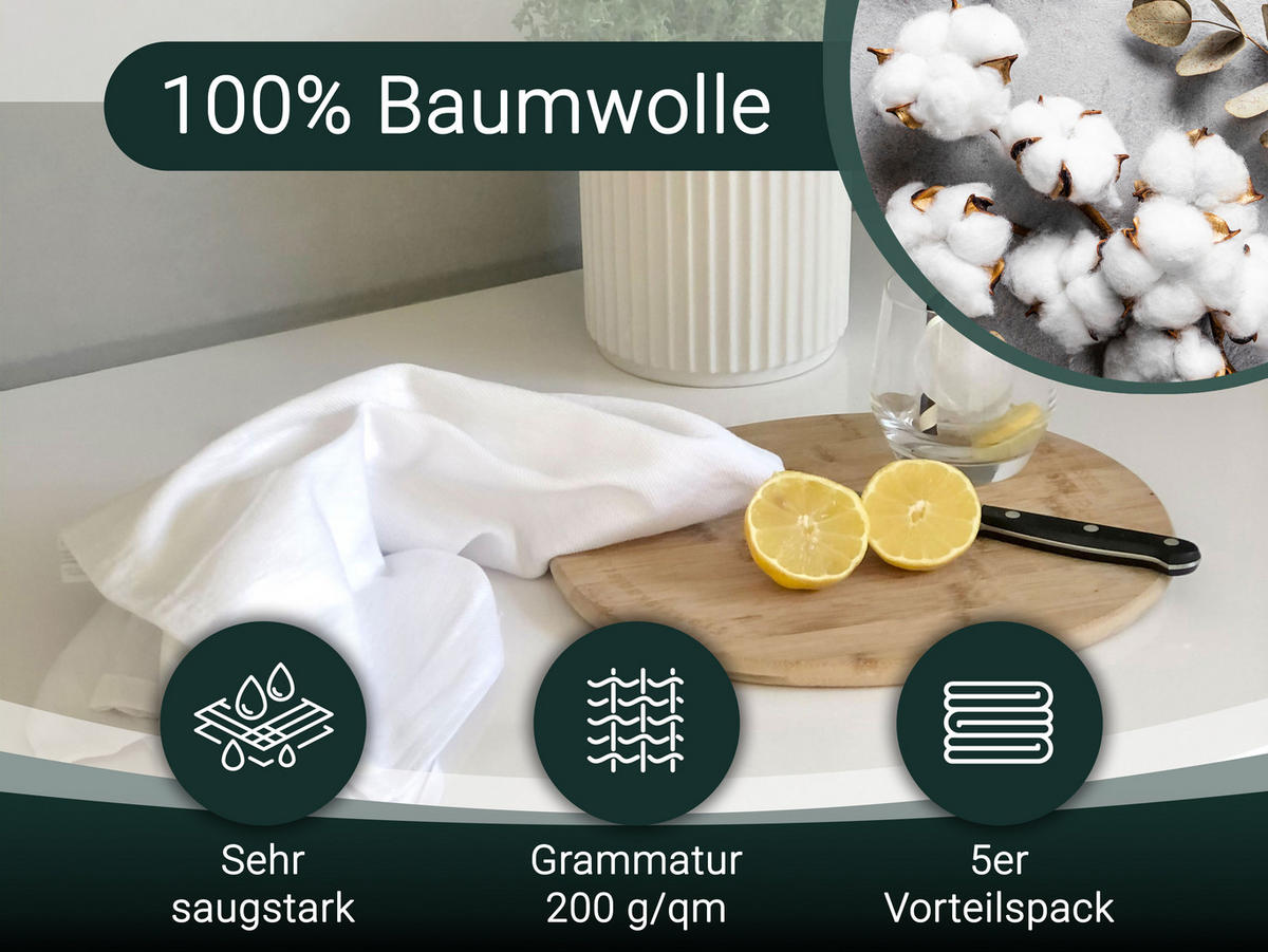GESCHIRRTÜCHER, 5er-Set, 50x70 cm, 100% Baumwolle, Weiß - Weiß, Textil (50/70cm) - Zollner
