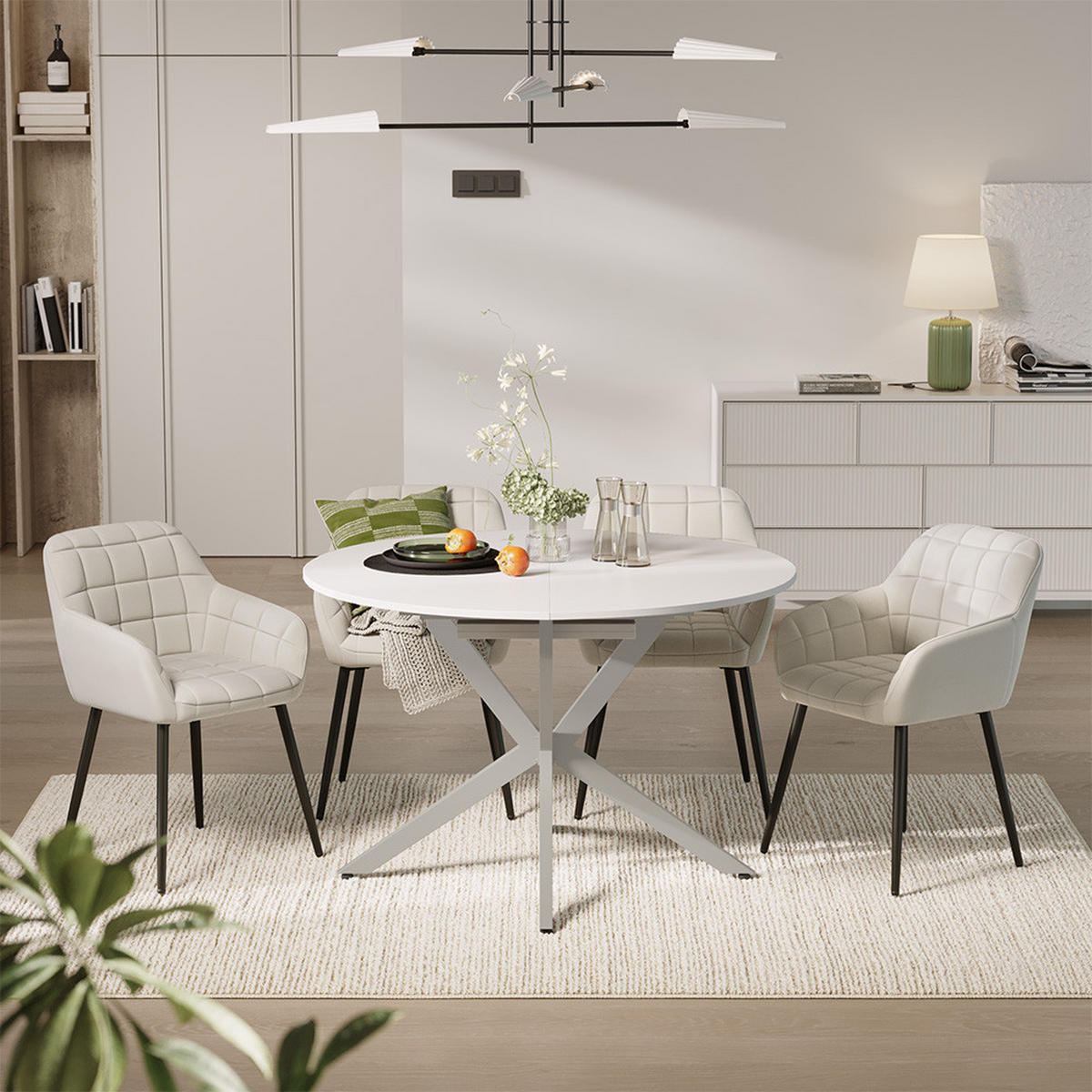 ESSTISCH-SET Loyd, Weiß/Grau, 120 x 120 cm mit 4 Esszimmerstühlen (Beige) - Weiß/Grau, Holzwerkstoff (120/76.5/120cm) - Vicco