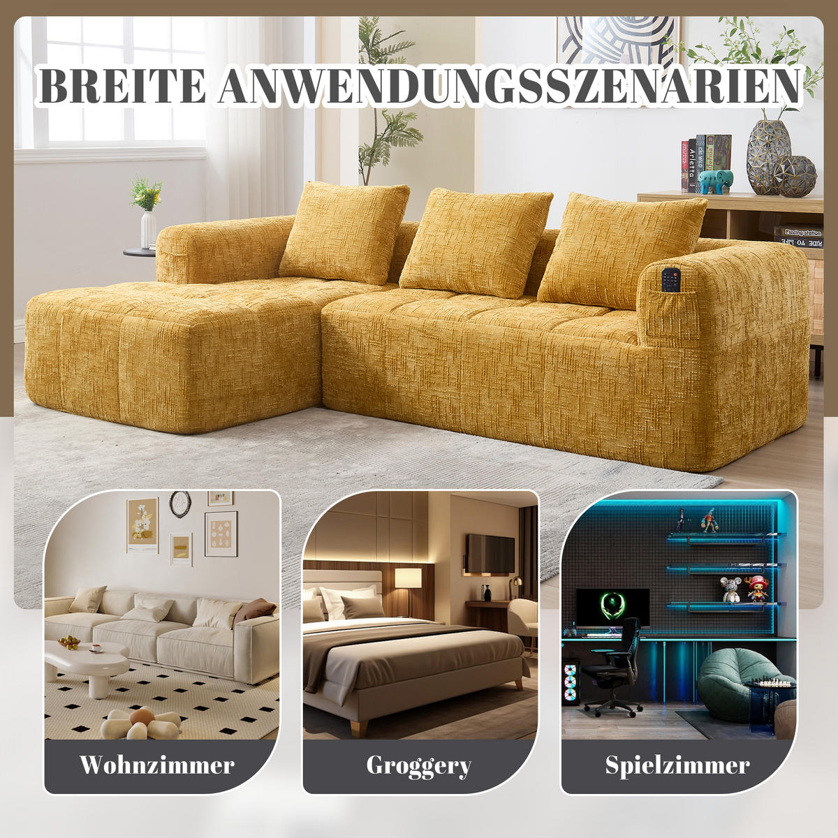 ECKSOFA chenille L-form mit chaiselongue & 3 kissen - Gelb, Textil (250/158cm) - Urban Meuble