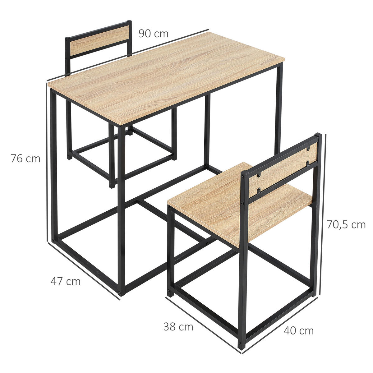 ESSTISCH mit 2 Stühlen, 3er-Set Essgruppe, Küchentisch-Set für 2 Personen, Eiche - Eichefarben, Metall (47/76/90cm) - HOMCOM