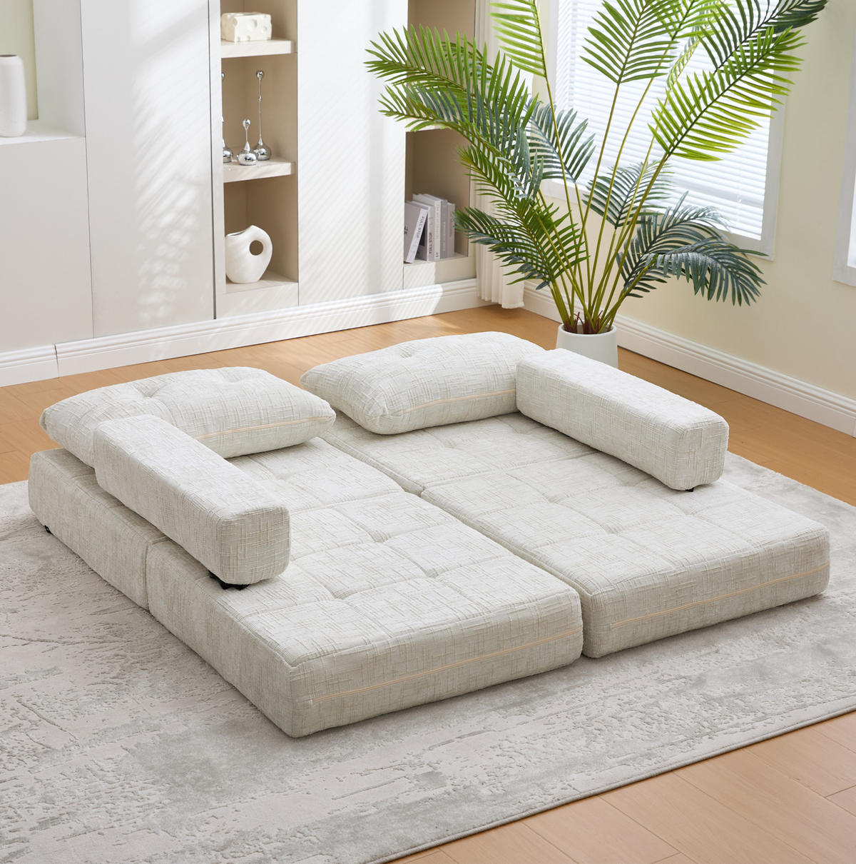SCHLAFSOFA 79/79/57 cm in Beige – faltbar mit Kissen und Chenillebezug - Beige, Textil (79/57/79cm) - BEAOK