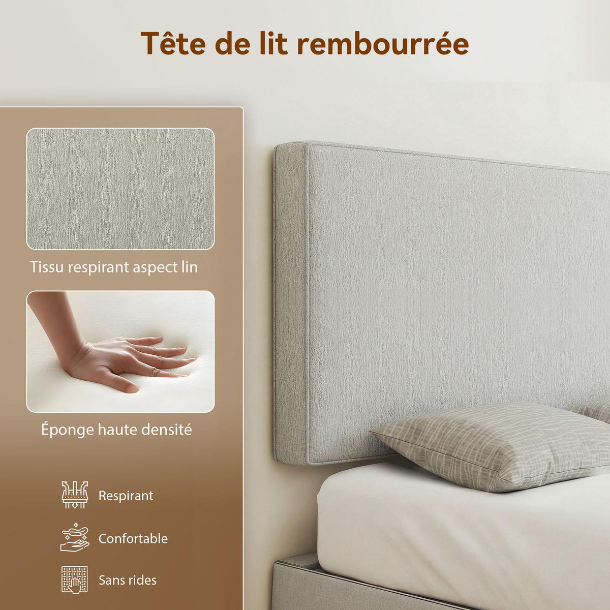 KOPFTEIL DE-18529 wandmontiert mit Leinenbezug Creme - Beige, Textil (10/60/140cm) - ComfortXL