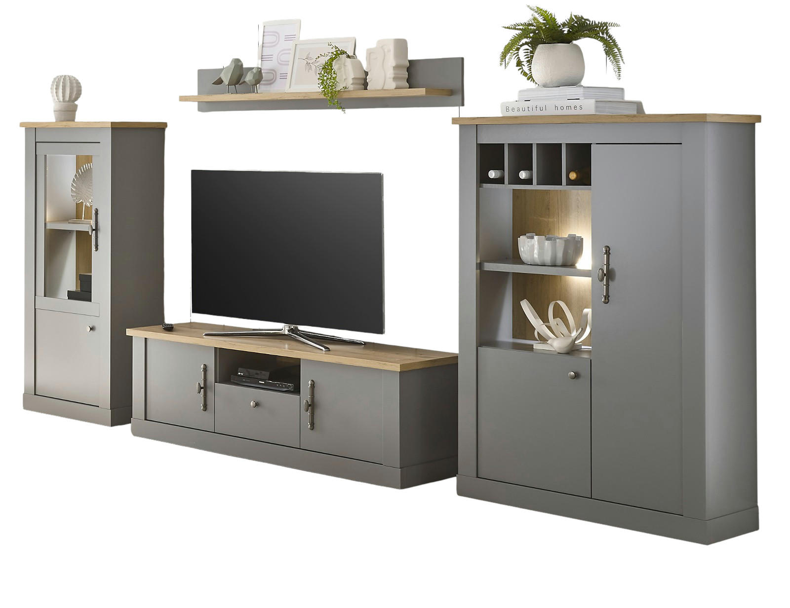 WOHNWAND grau, Artisan Eiche 4-teilig 346 cm, Wohnkombination im Landhaus-Stil - Silberfarben/Hellgrau, Holzwerkstoff/Metall (346/170/44cm) - Furn.Design