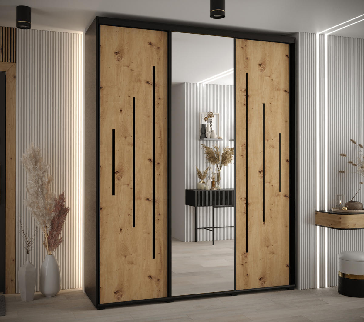 SCHWEBETÜRENSCHRANK 235,2/200/60 3-türig - Schwarz/Eiche Artisan, Holz/Metall (200/235/60cm) - Abiks Möbel