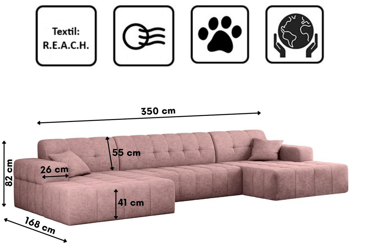 ECKSOFA U-form NIMES Stoff Perfect Harmony Rosa - Rosa, Holz/Kunststoff (168/350cm) - Kaiser Möbel