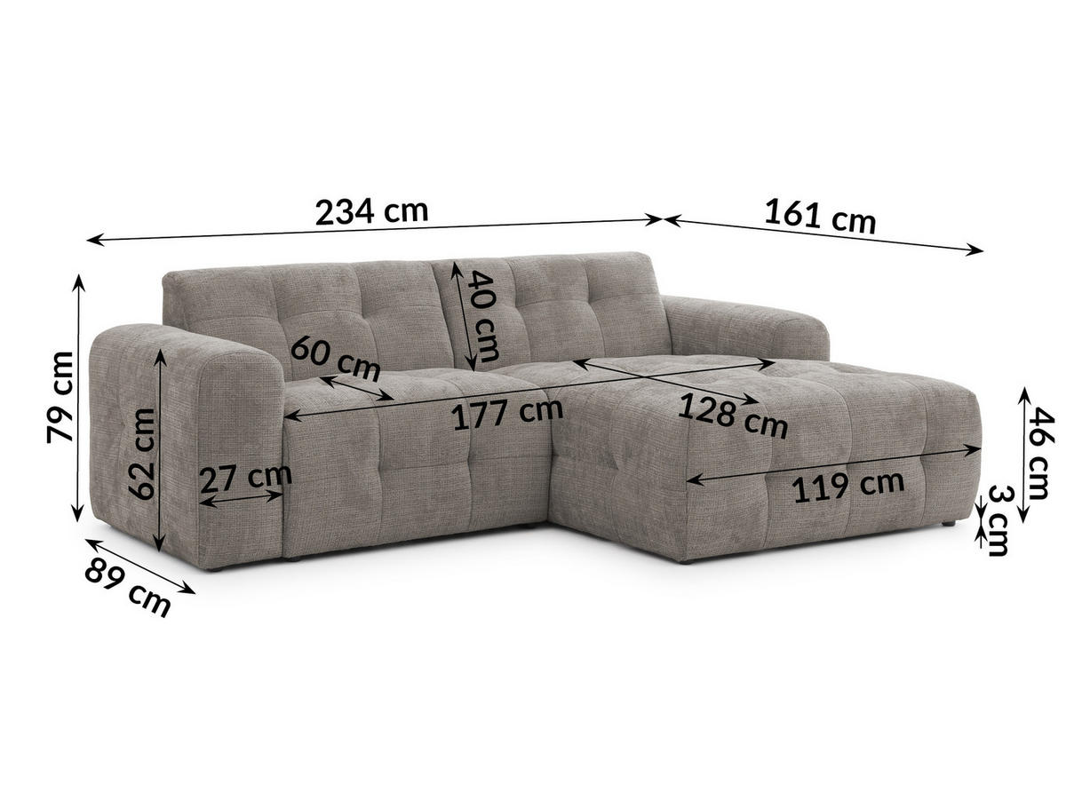 ECKSOFA inkl. Hocker Kozy im Bumpy-Design mit Schlaffunktion und fester Rückenlehne aus weichem Taupe Chenille-Stoff - Ottomane rechts - Taupe/Schwarz, Holz/Kunststoff (234/161cm) - S-Style Möbel