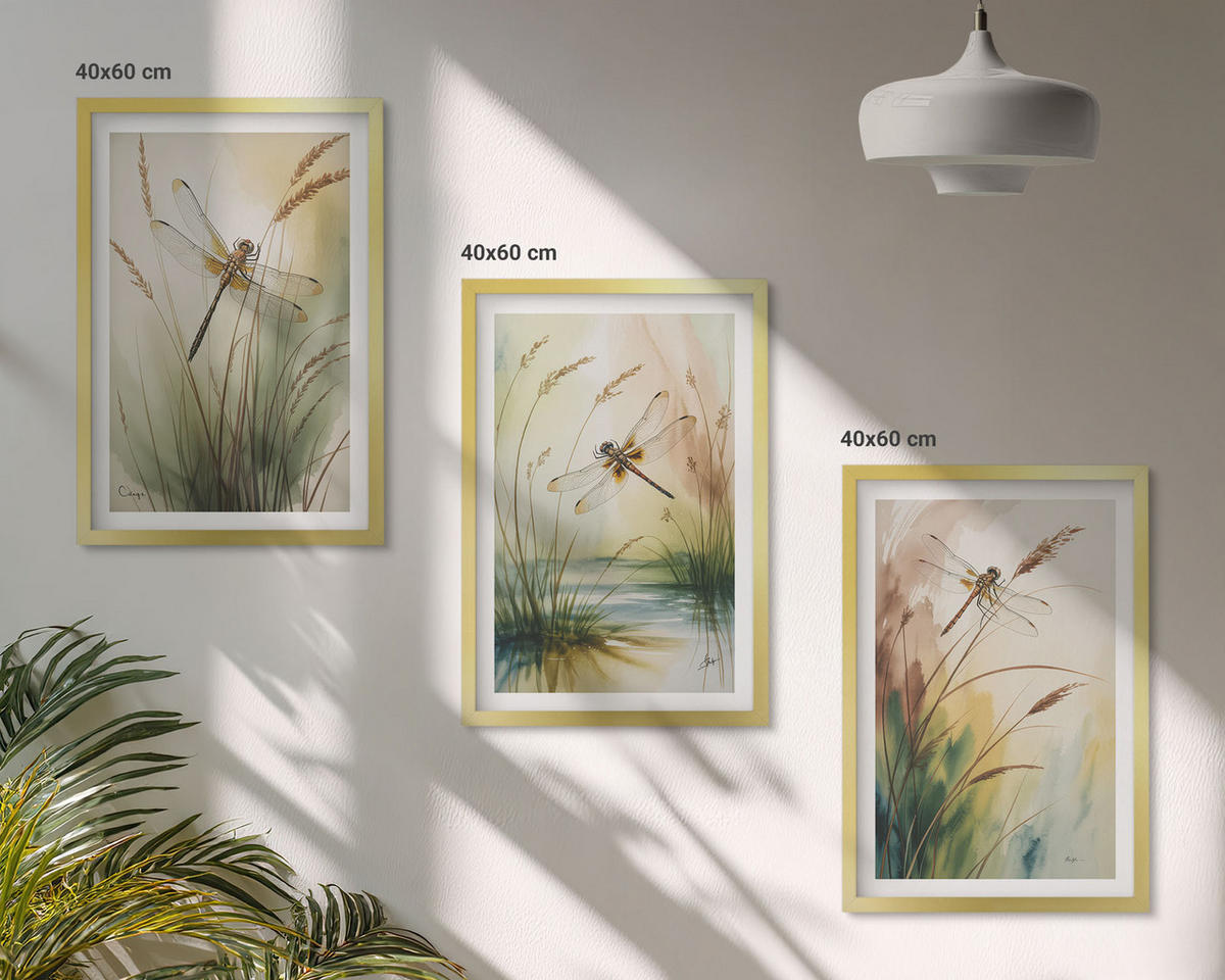 BILDER SET 3er Set - 40x60 cm Goldrahmen - Libellen im Gras, Wassermalerei - Goldfarben, Kunststoff (40/60cm) - TULUP