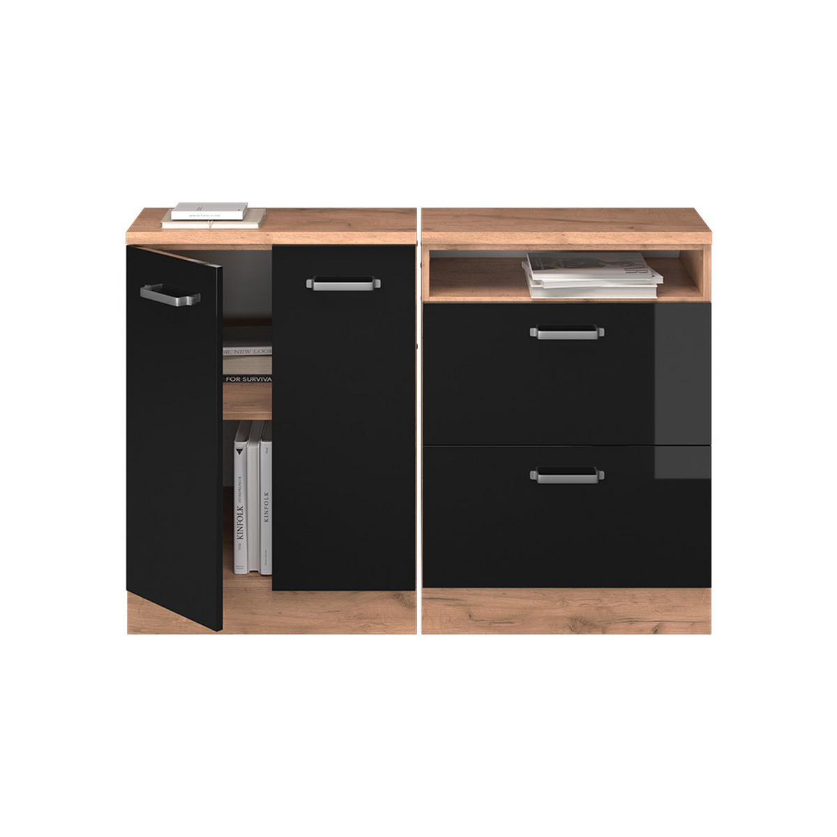 KUHINJSKI ORMAR ZA KOSINE KROVA R-Line Sjajna Crna 120 cm Set od 2 korpusa ormara, dubina 60 cm - hrast medunac/crna visoki sjaj, drvni materijal (120/83.8/60cm) - Vicco