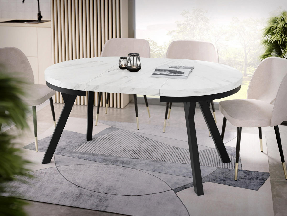 ESSTISCH Lume runder ausziehbarer, Weißer Marmor 100-150/100/76 cm - Ecru/Schwarz, Holz/Holzwerkstoff (100/150/76cm) - WFL GROUP