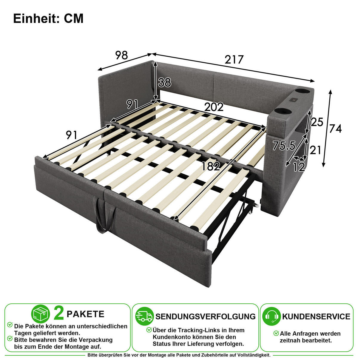 ROZKLÁDACÍ POHOVKA 90/200 cm v šedé barvě s výsuvným lůžkem, USB a Type-C - šedá, kov/kompozitní dřevo (90/200cm) - CHICFURN