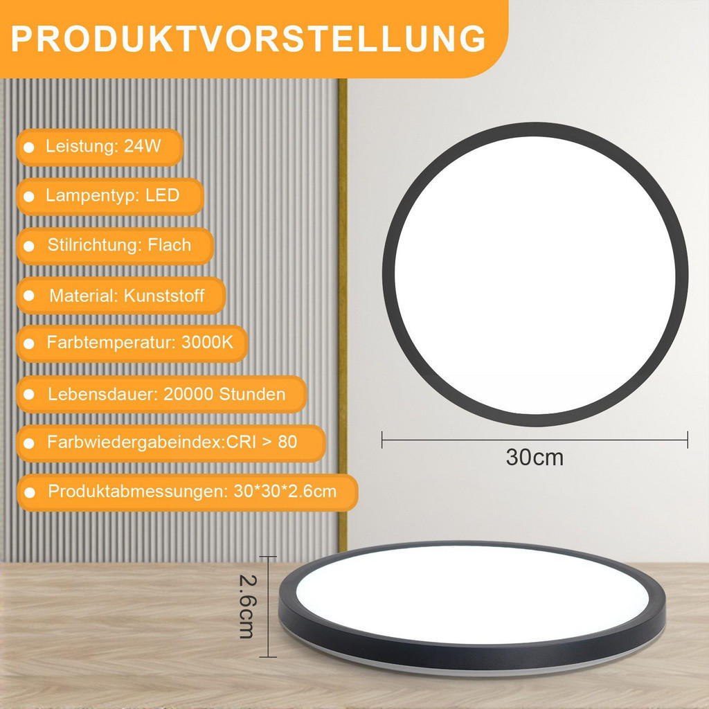Thumbnail - Nettlife Led-Deckenleuchte, Schwarz, Kunststoff, F, 30x2.6x30 cm, Lampen & Leuchten, Innenbeleuchtung, Deckenleuchten