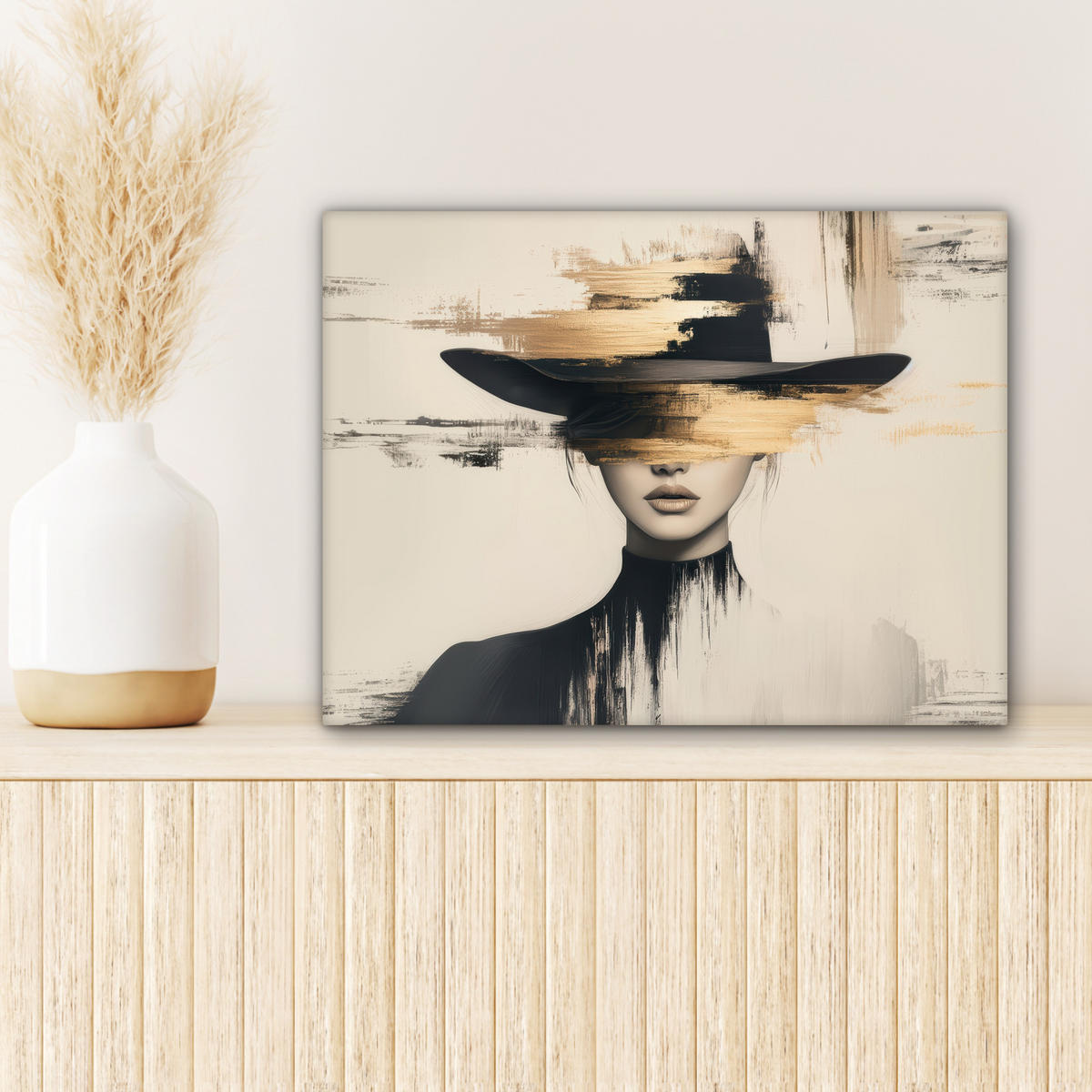 LEINWANDBILD Frau - Hut - Farbe Wandbild 40x30 cm - Goldfarben, Textil (40/30cm) - MuchoWow