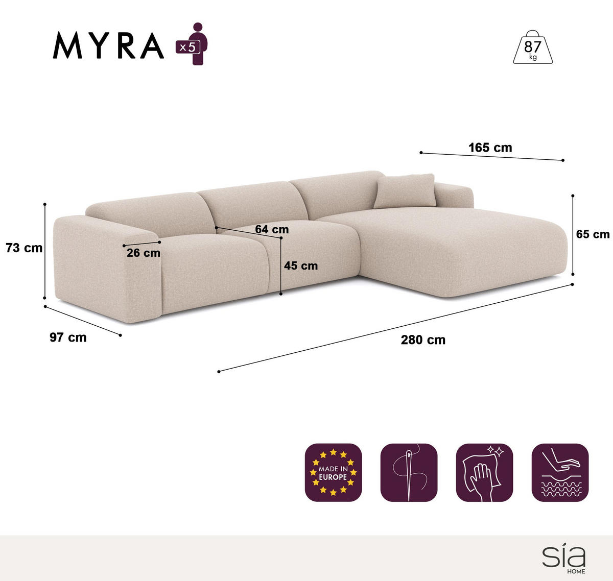ECKSOFA RECHTS Texturierter Samt Smaragdgrün 280cm - Smaragdgrün, Textil (280/95cm) - Sia Home